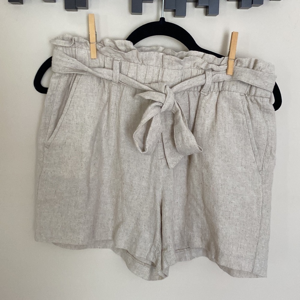 Tan Linen Paperbag Waist Shorts